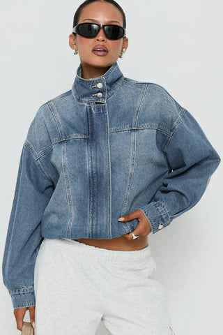 High Collar Crop Denim Jacket