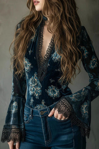Floral Velvet Lace V-Neck Bell Sleeve Blouse