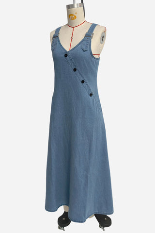 Button-Detail Denim Strap Maxi Dress