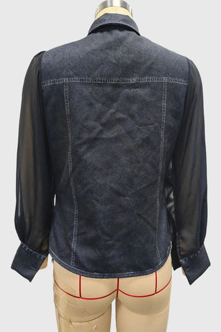 Sheer Sleeve Button-Front Denim Shirt