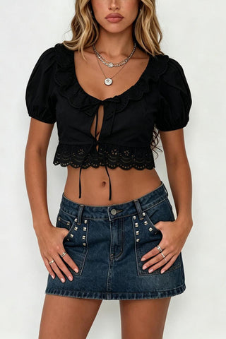 Tie-Front Puff-Sleeve Crop Top