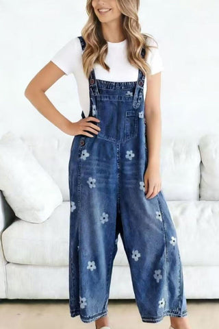 Floral Wide-Leg Denim Overalls