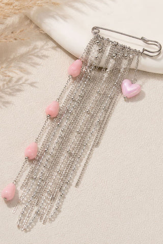 Heart Charm Tassel Safety Pin Brooch