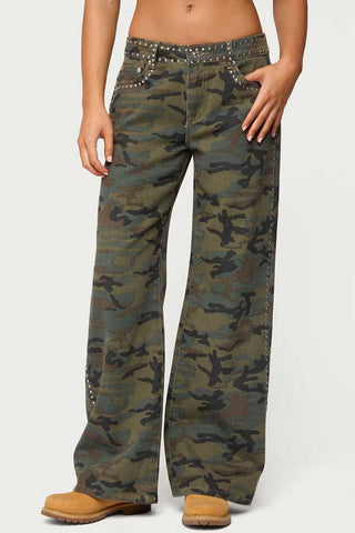 Studded Wide-Leg Straight Jeans