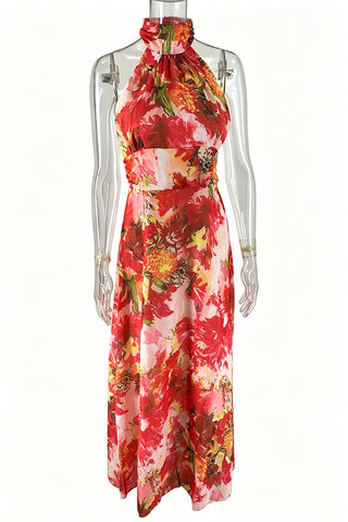 Floral Halter Ruched Maxi Dress
