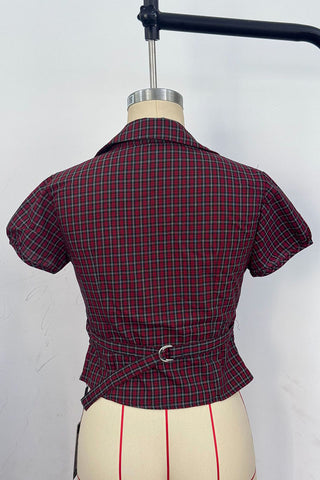 Plaid Puff Sleeve V-Neck Shirt