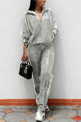 Sequin Striped Zip-Up Pants Set