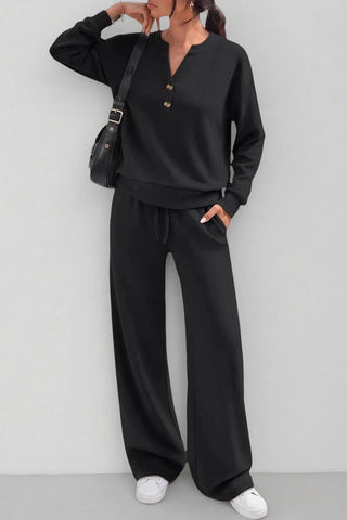 Button Placket Long Sleeve Wide-Leg Pants Set