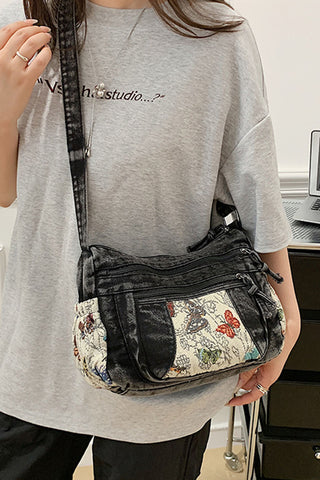 Floral Patch Zipper Drawstring Bag