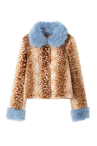 Faux Fur Collar Spot Print Button Jacket