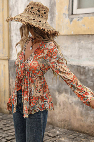 Floral V-Neck Tie Front Bell Sleeve Blouse