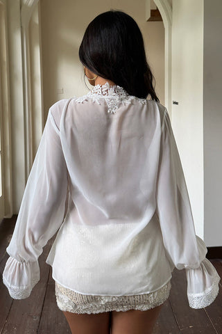 Lace-Up Front Bell Sleeve Sheer Blouse