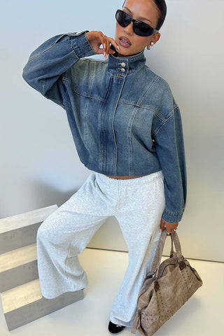 High Collar Crop Denim Jacket