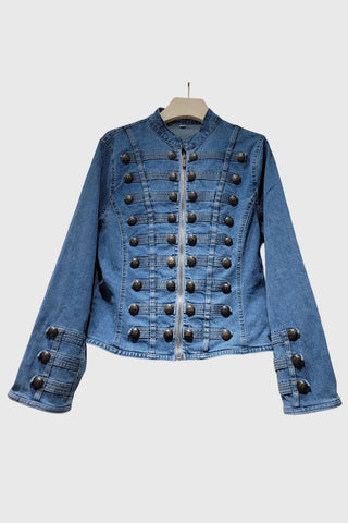 Military Button Zip Front Denim Jacket
