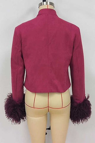 Fur Cuff Frog Button Stand Collar Jacket