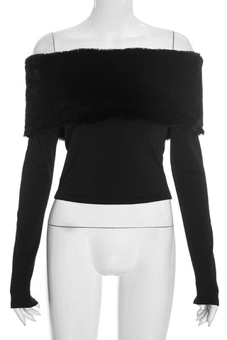 Faux Fur Off-Shoulder Long Sleeve Crop Top