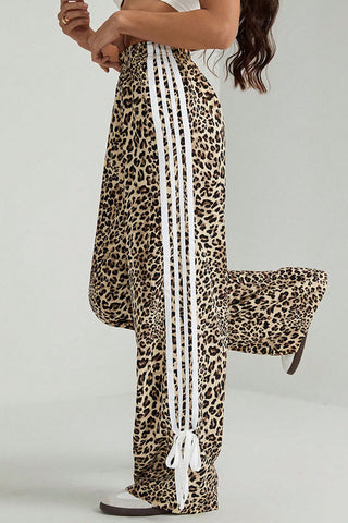 Leopard Print Side Stripe Wide Leg Pants