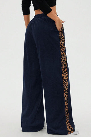 Leopard Print Side Stripe Wide Leg Casual Pants