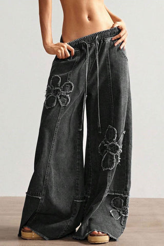 Floral Applique Drawstring Wide Leg Baggy Jeans