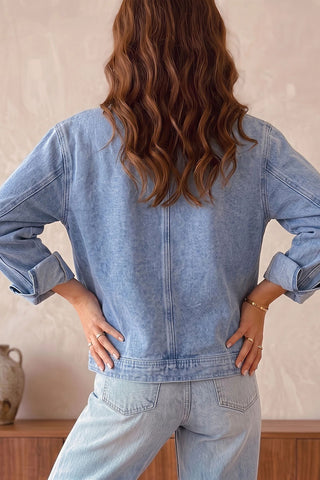 Pearl-Pocket Zip-Front Denim Jacket