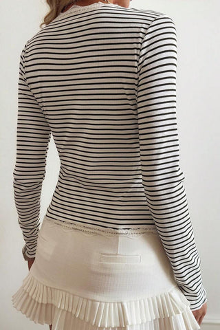 Striped Lace Trim V-Neck Blouse