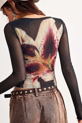 Sheer Mesh Floral Print Long Sleeve Top