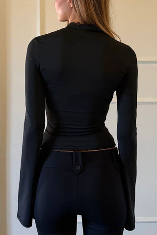 Lace Trim Keyhole Bell Sleeve Blouse
