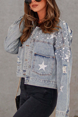 Pearl Star Embellished Distressed Denim Jacket