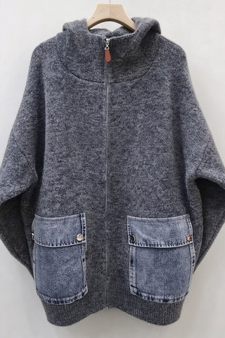 Hooded Zip-Front Denim Pocket Cardigan