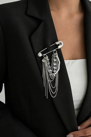 Layered Chain Tassel Safety Pin Brooch