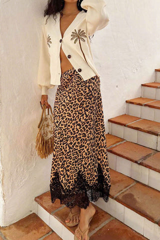 Leopard Print Lace Hem Midi Skirt