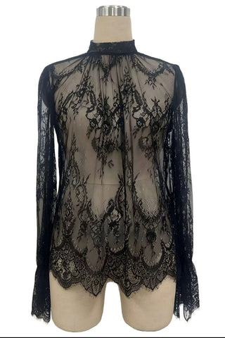 Lace Sheer Bell Sleeve Mock Neck Blouse