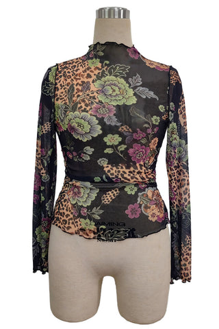 Sheer Floral Mock Neck Long Sleeve Top