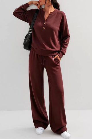 Button Placket Long Sleeve Wide-Leg Pants Set