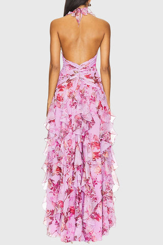Floral Halter Ruched Ruffle Maxi Dress