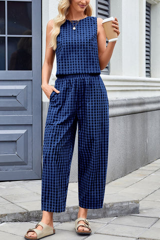 Sleeveless Plaid High-Waist Pants Set