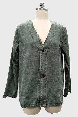 Button-Front V-Neck Denim Jacket
