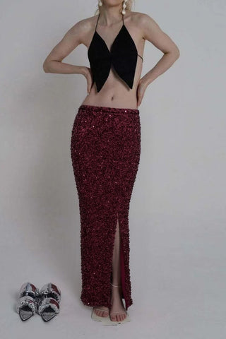 Sequin High-Waist Slit Midi Skirt