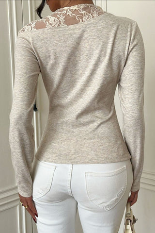 Lace Yoke Asymmetric Long Sleeve Top