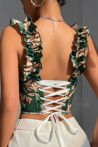 Ruffle Strap Floral Corset Tank Top