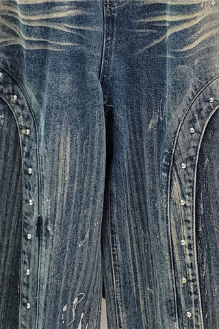 Studded Patchwork Distressed Barrel Jeans