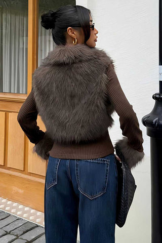 Faux Fur Collar Ribbed Zip-Up Jacket