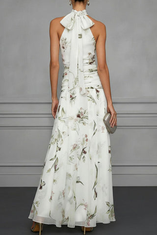 Floral Halter Ruched Maxi Dress