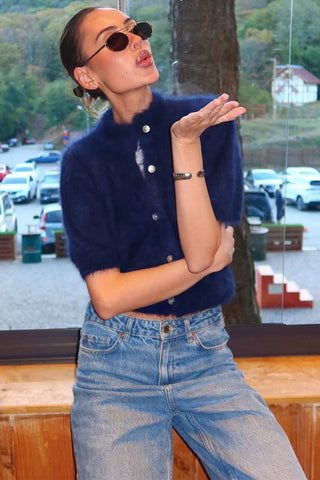 Mock Neck Short Sleeve Button Front Cardigan