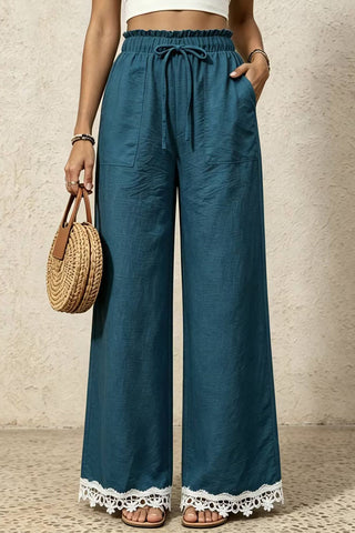 Ruffle Waist Lace-Trim Wide-Leg Pants