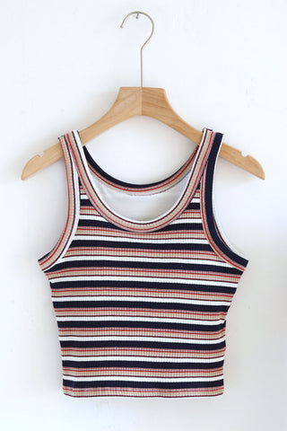 Striped Ribbed Crew Neck Crop Tank