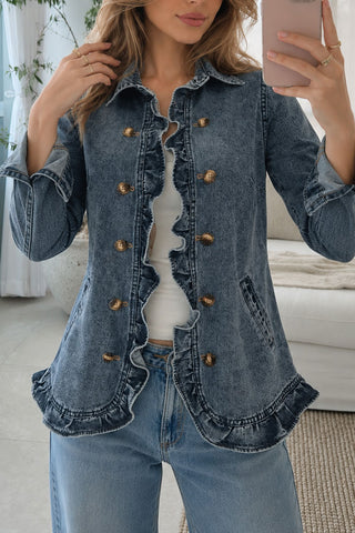 Ruffle Trim Double-Breasted Denim Jacket