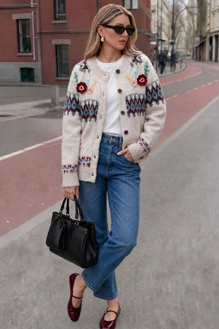 Floral Applique Fair Isle Knit Cardigan