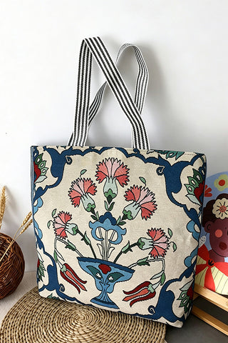 Floral Striped Handle Tote Bag