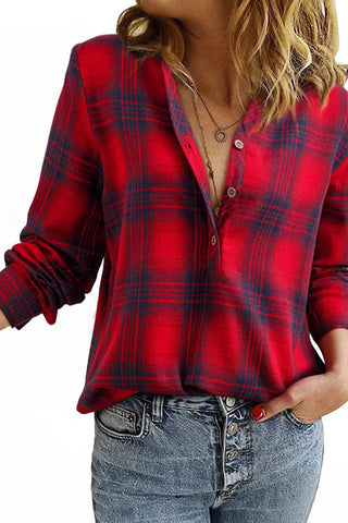 Plaid V-Neck Button-Front Long Sleeve Shirt